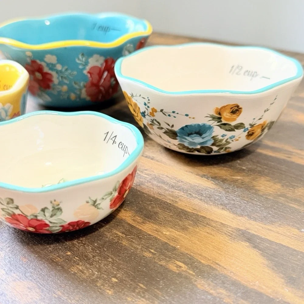 Pioneer Woman Vintage Floral Measuring Cups Set 4 Ceramic Nesting Discontinued